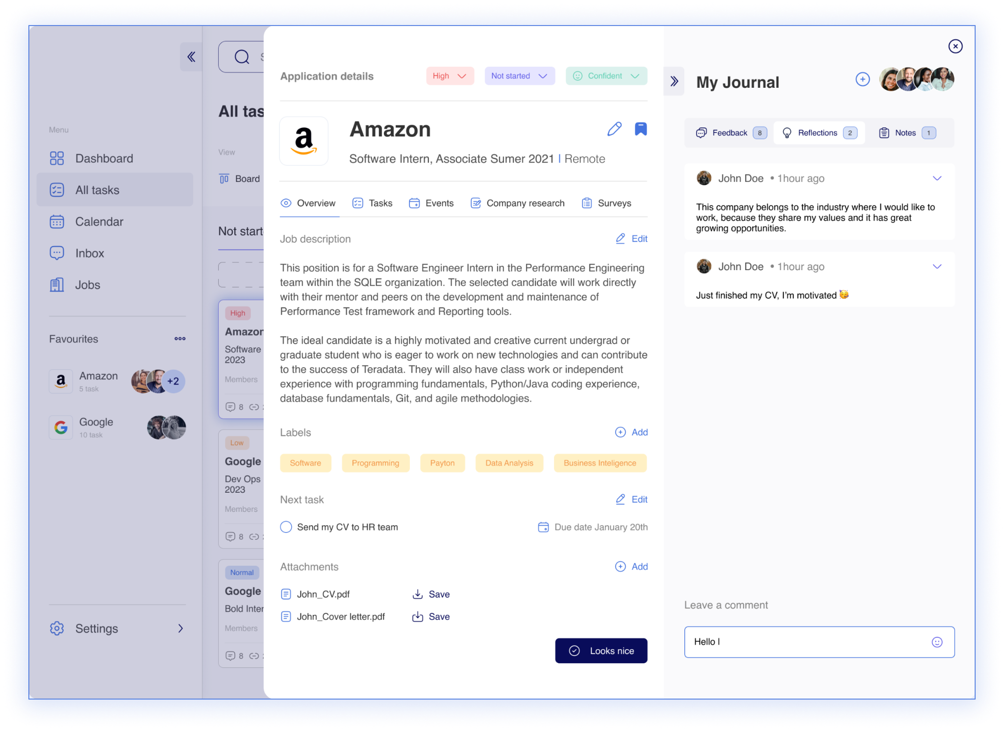 Detalle de una postulación con información de la vacante, tareas, archivos adjuntos, feedback, reflexiones y notas