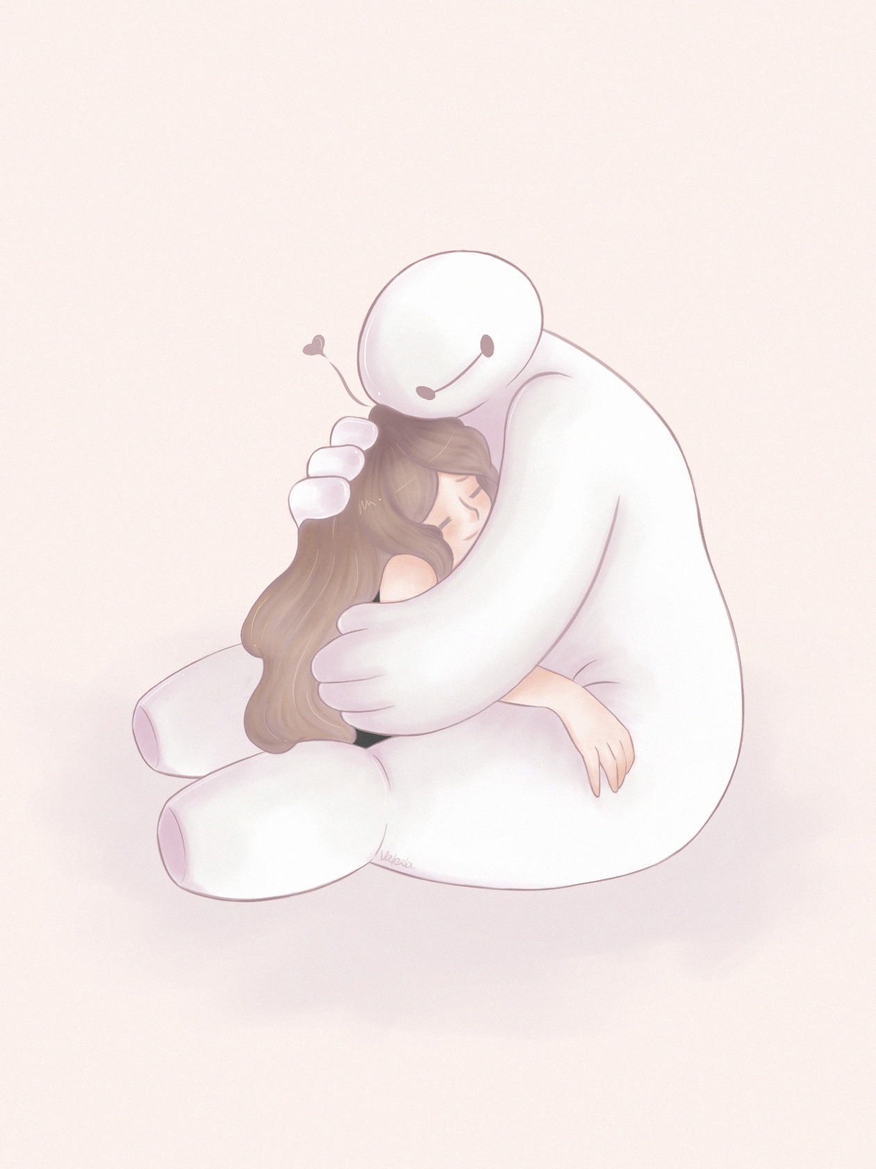 Soft illustration of a person receiving a hug from Baymax.