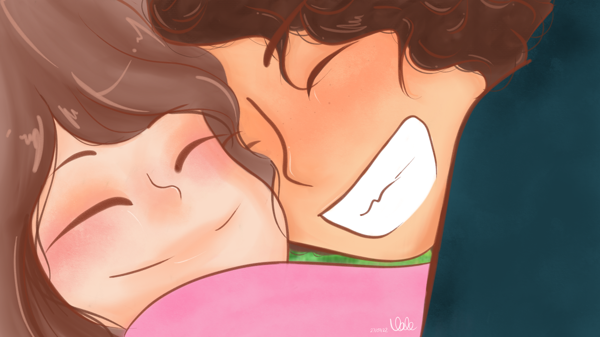 Illustration of two people embracing in warm tones against a dark background.
