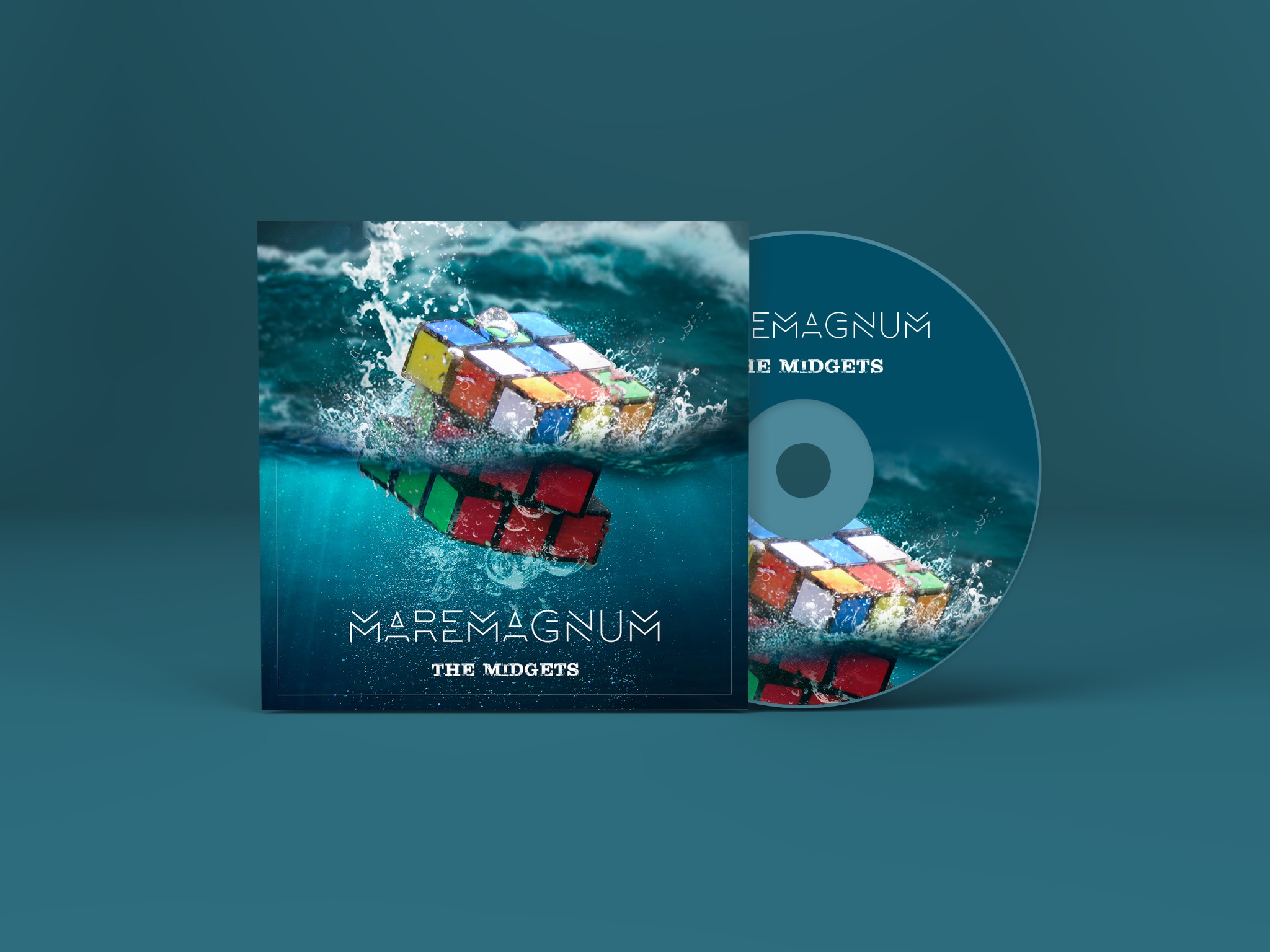 Maremagnum album cover design featuring a colorful cube emerging from the water.