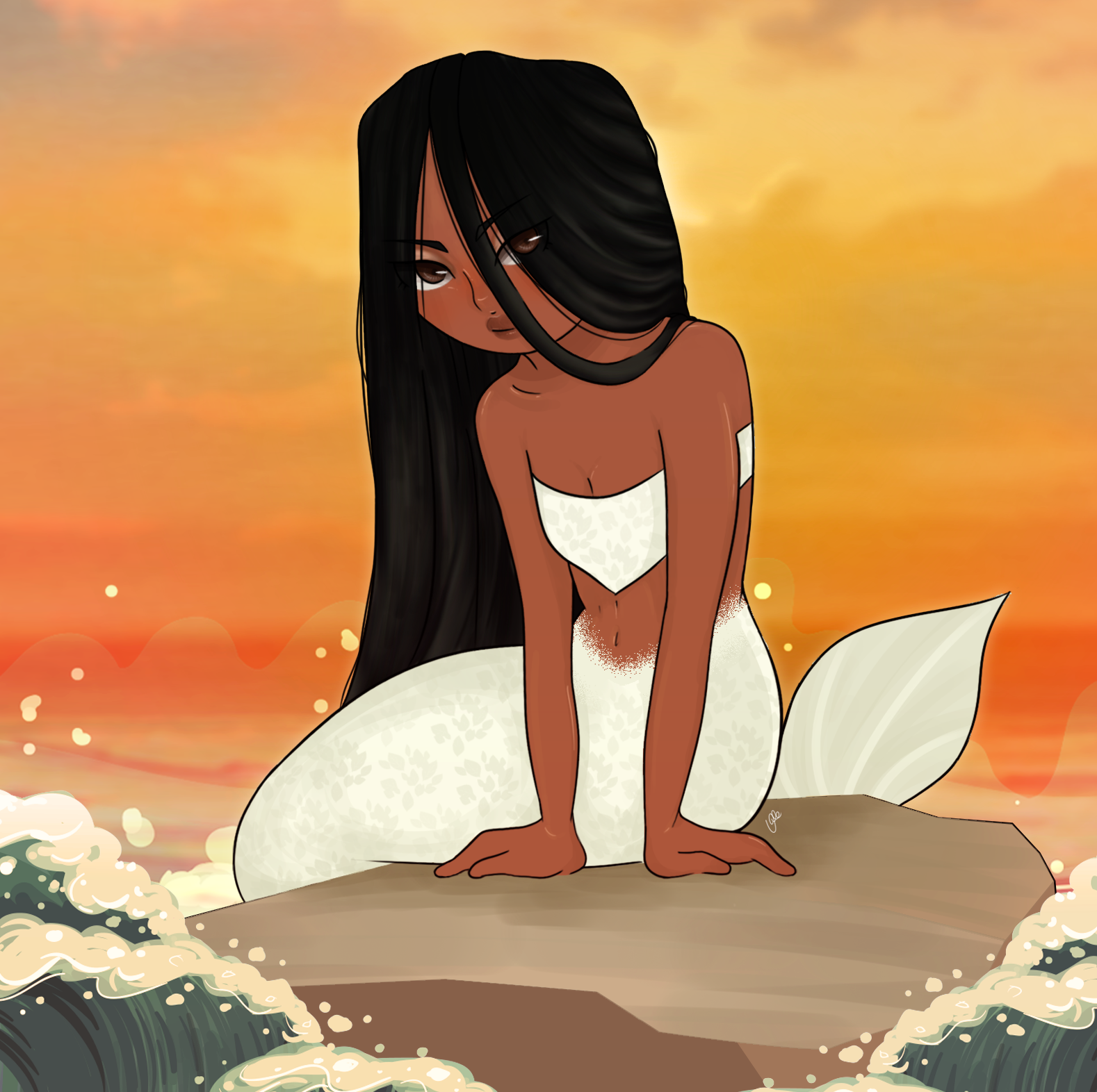 Digital illustration of a mermaid on a rock at sunset.
